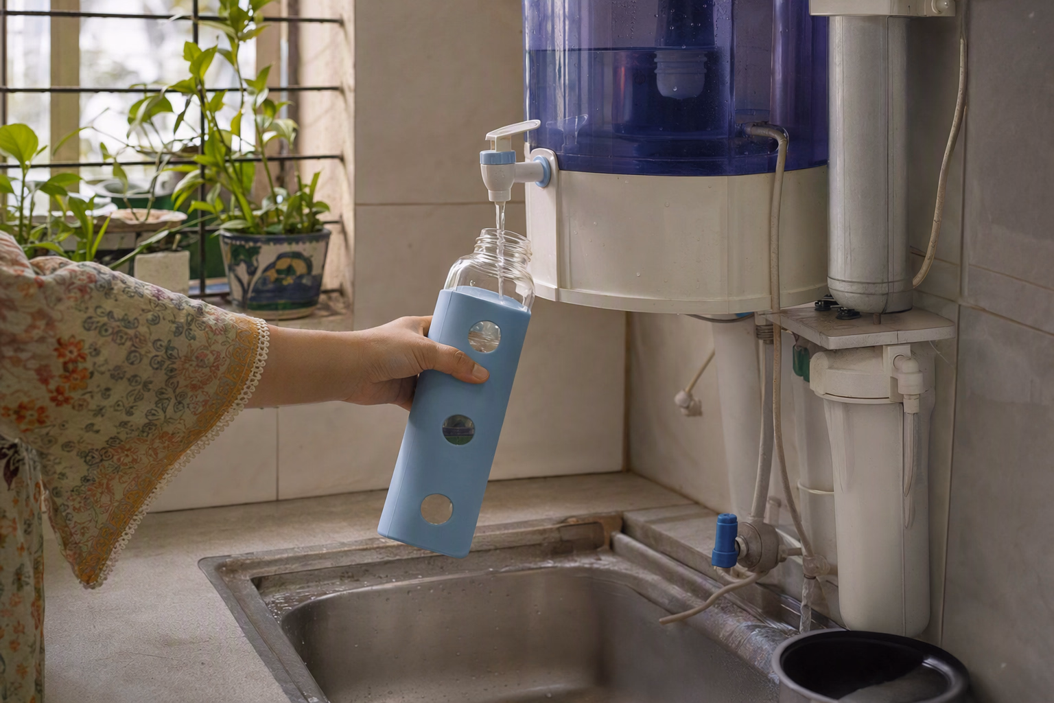 Reusable bottle being refilled at a bright home counter