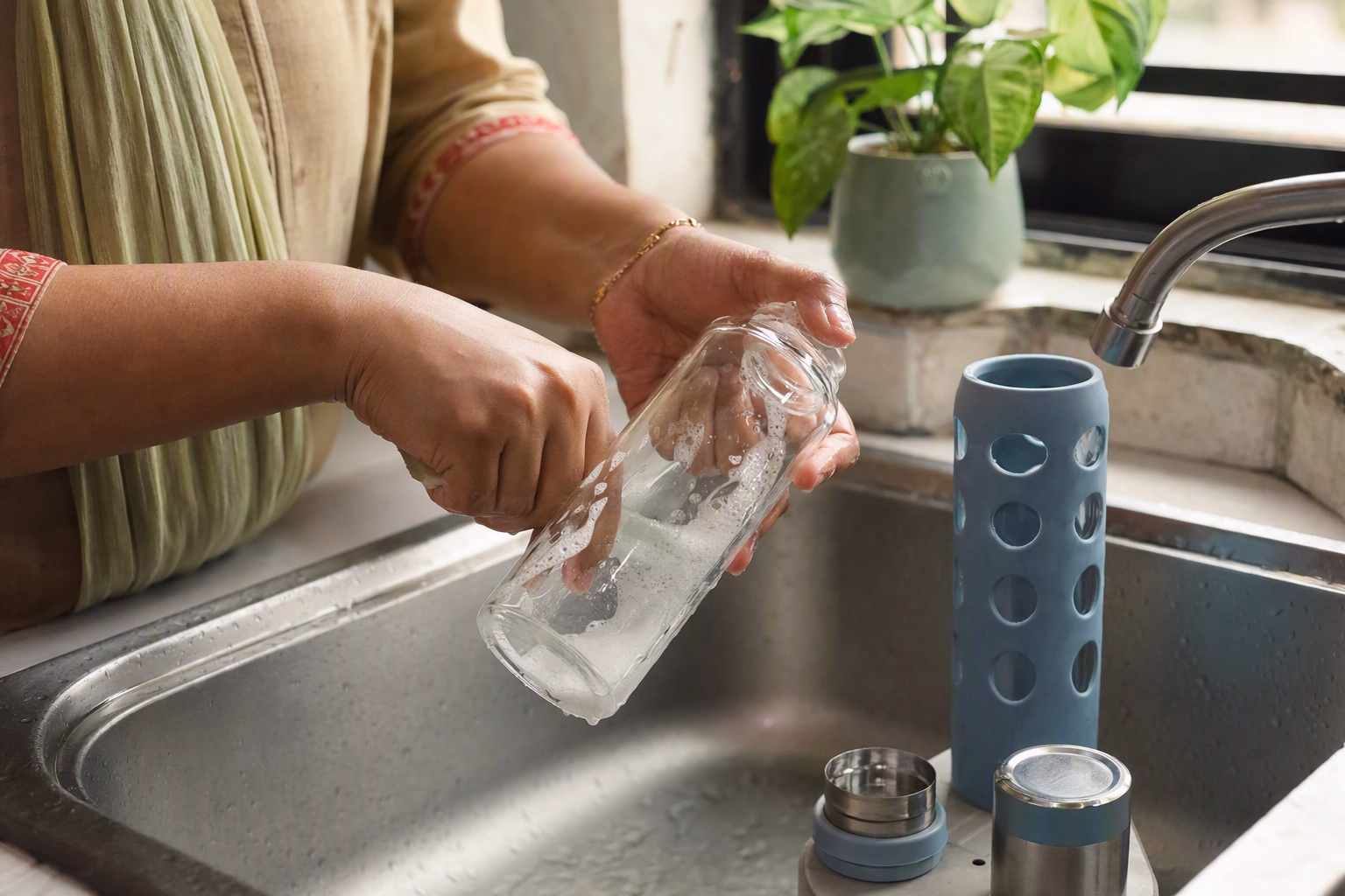 New glass bottle being rinsed before first use