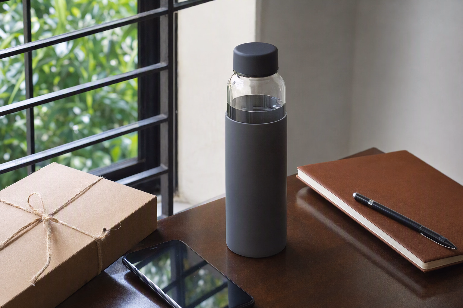 Jolora support workspace with bottle, laptop and parcel
