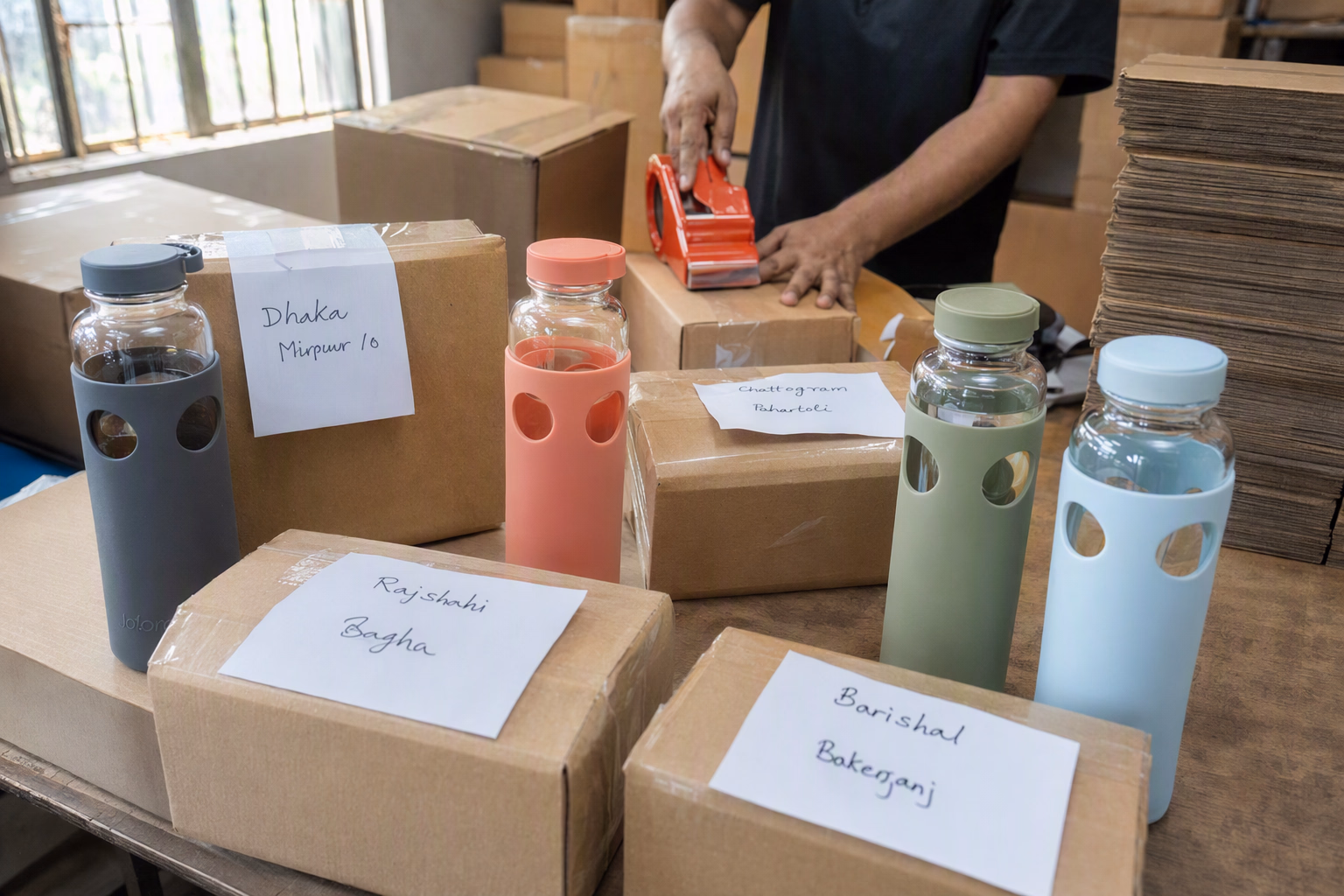 Labelled bottle parcels sorted for Dhaka and nationwide delivery