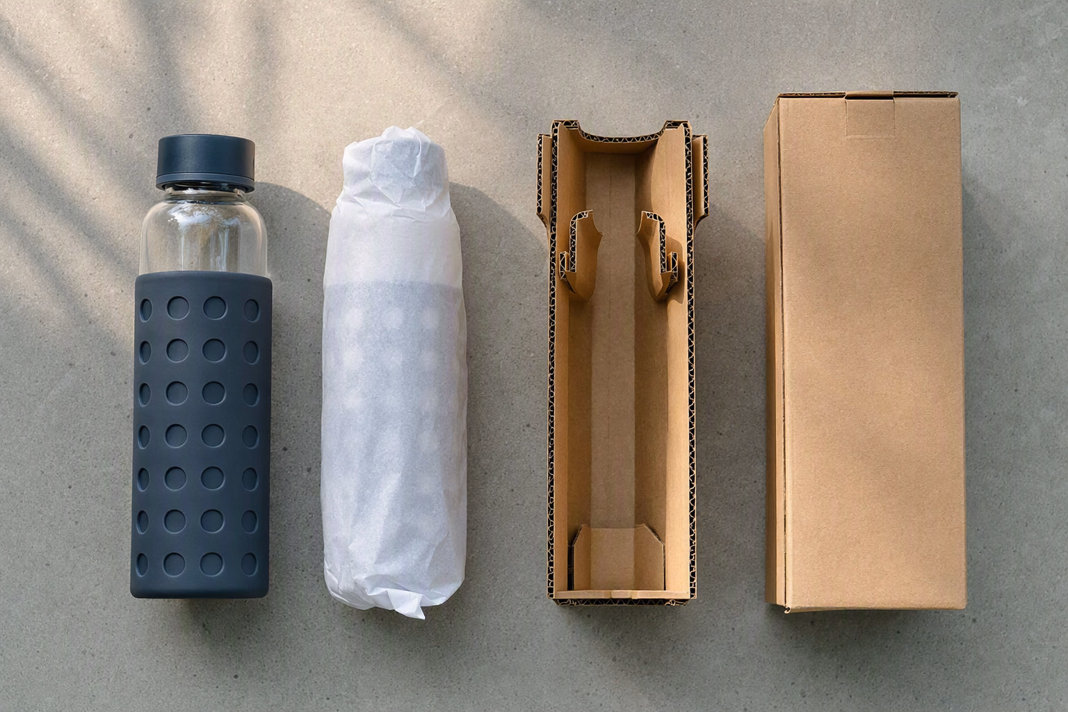 Protective sleeve, separators and fitted carton around a glass bottle
