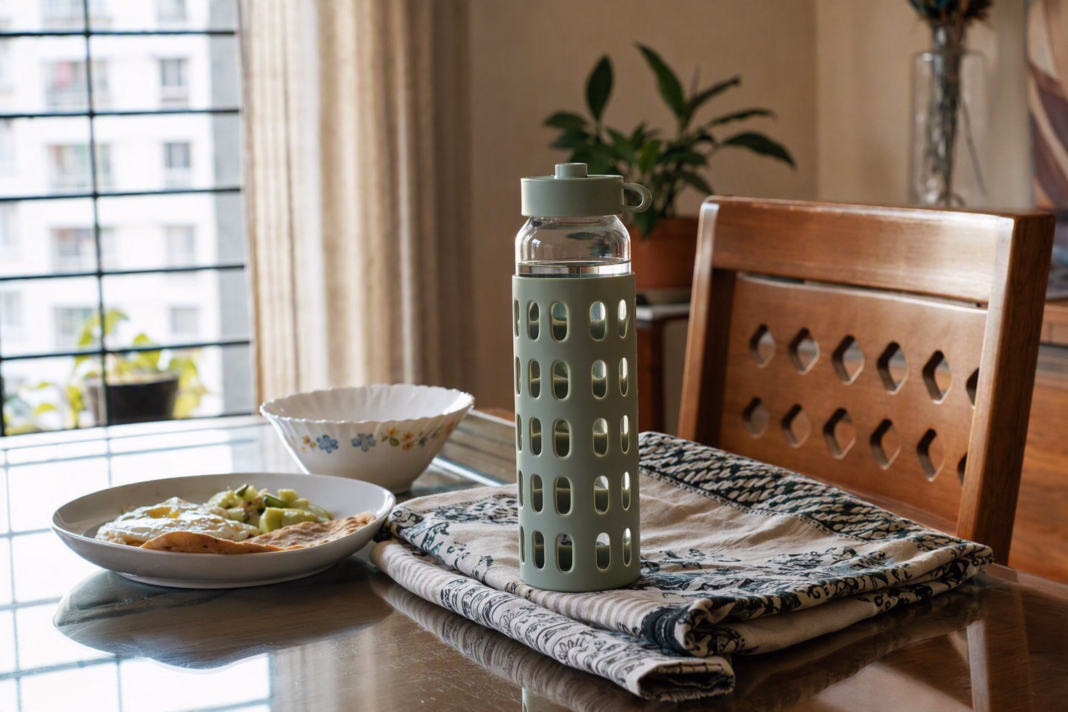 Jolora bottle and glasses on a warm home dining table