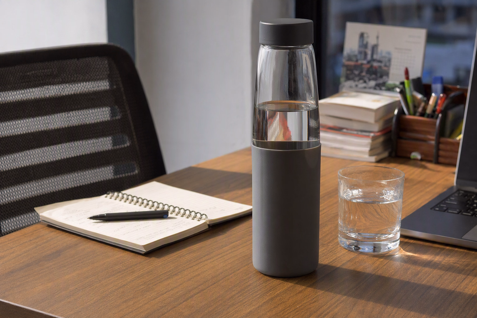 Clear Jolora bottle on a calm office desk in daylight