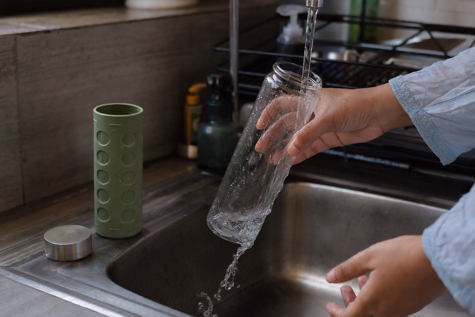 Clear 550 bottle components being gently rinsed beside a sink