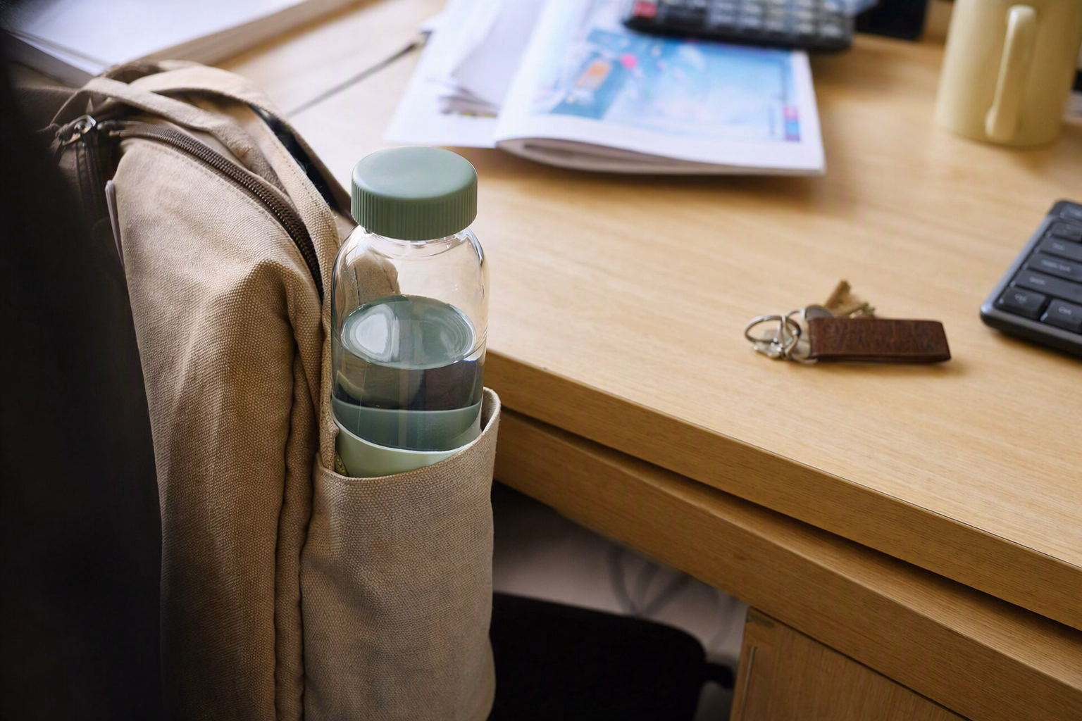 Clear 550 beside a commuter bag and notebook on a daylight desk