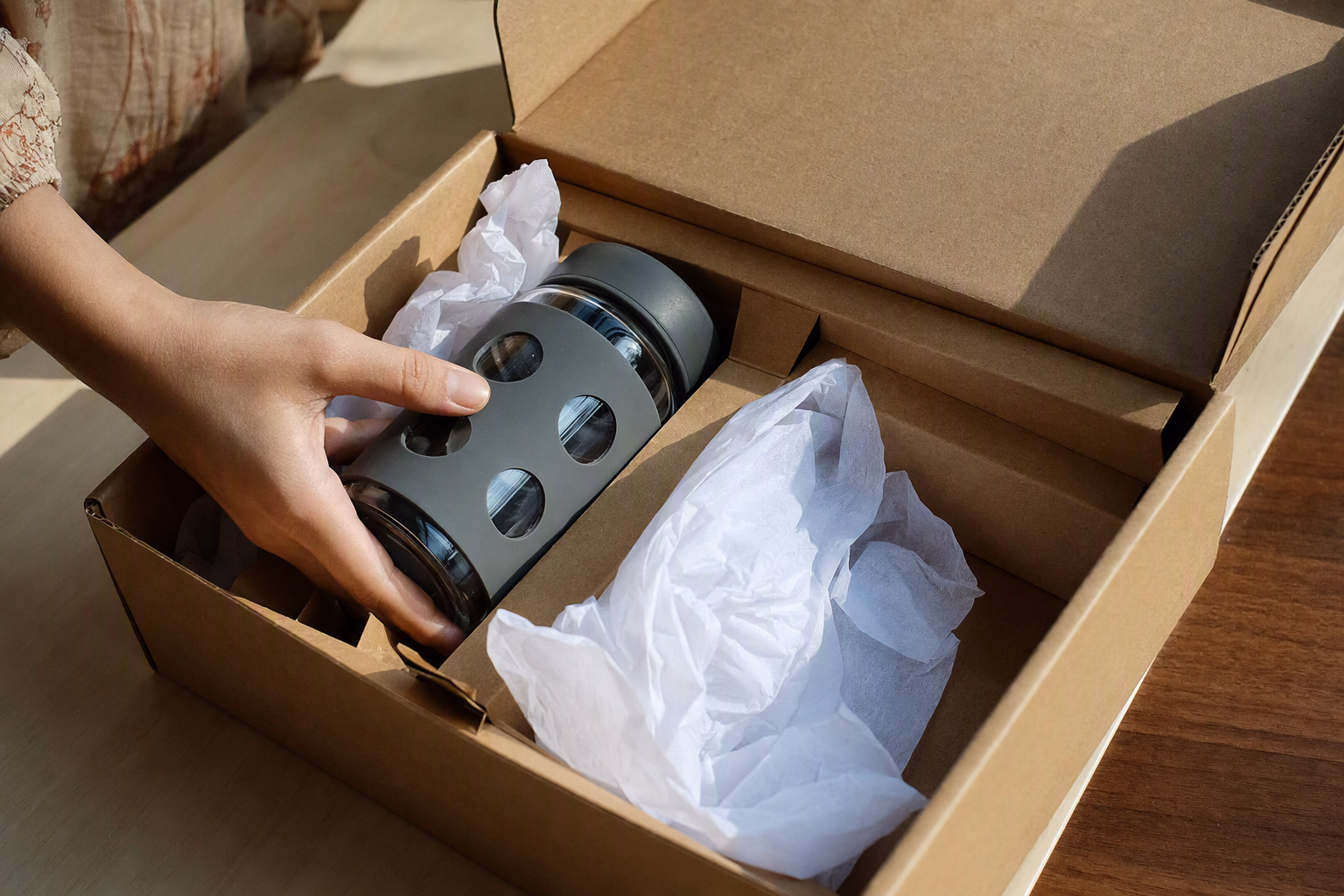 A Jolora bottle cushioned inside a fitted protective delivery box