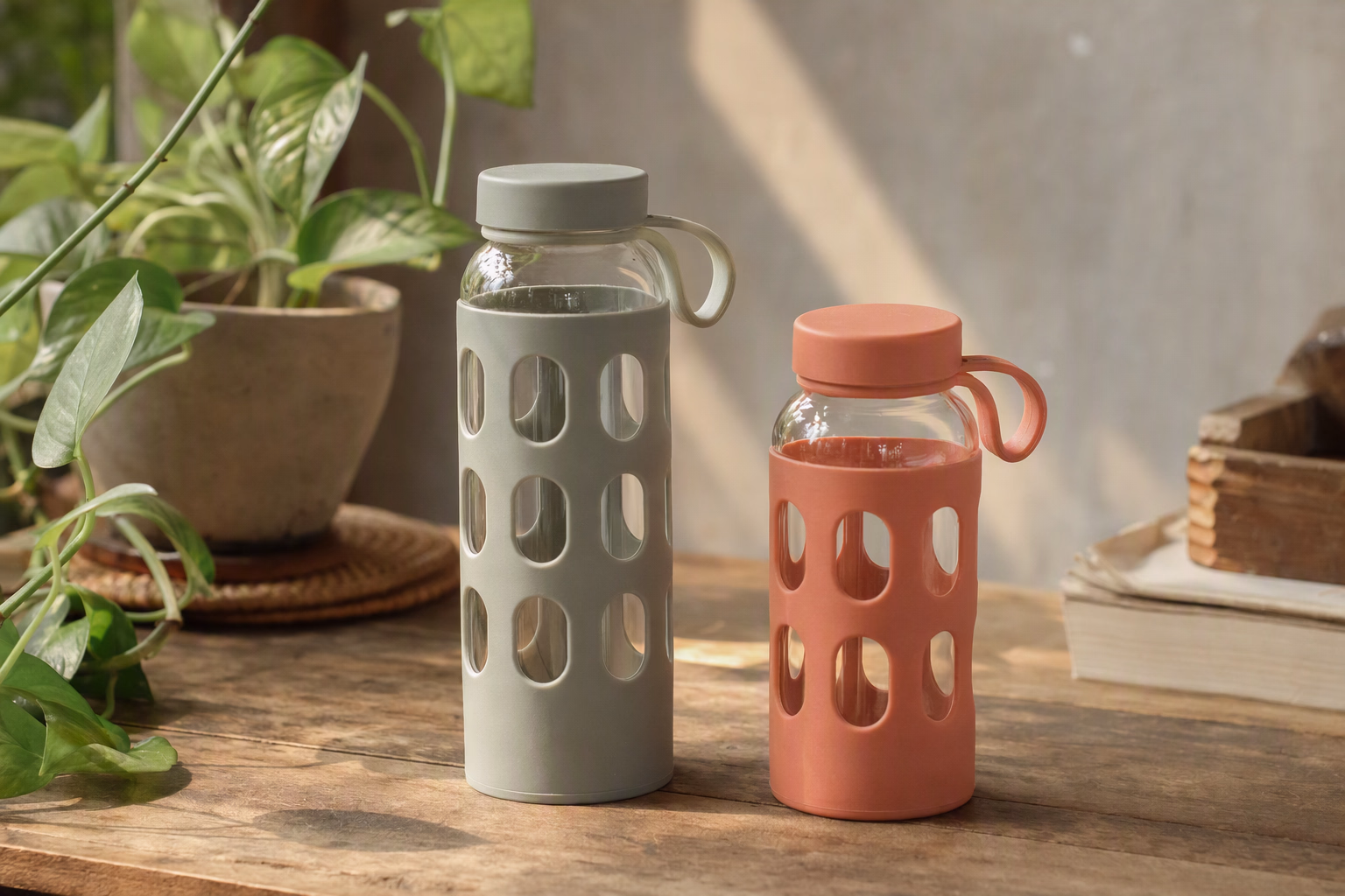 Duo Set of two bottles with sage and coral sleeves