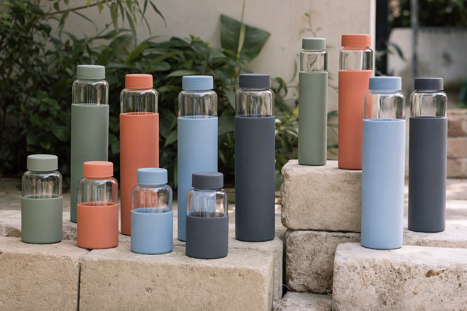 Six Jolora glass bottles in varied sizes and silicone sleeve colors arranged together